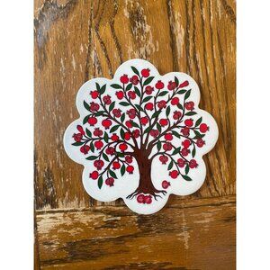 Pomegranate Tree Ceramic Trivet Made In Turkey - 7" Scalloped Edge